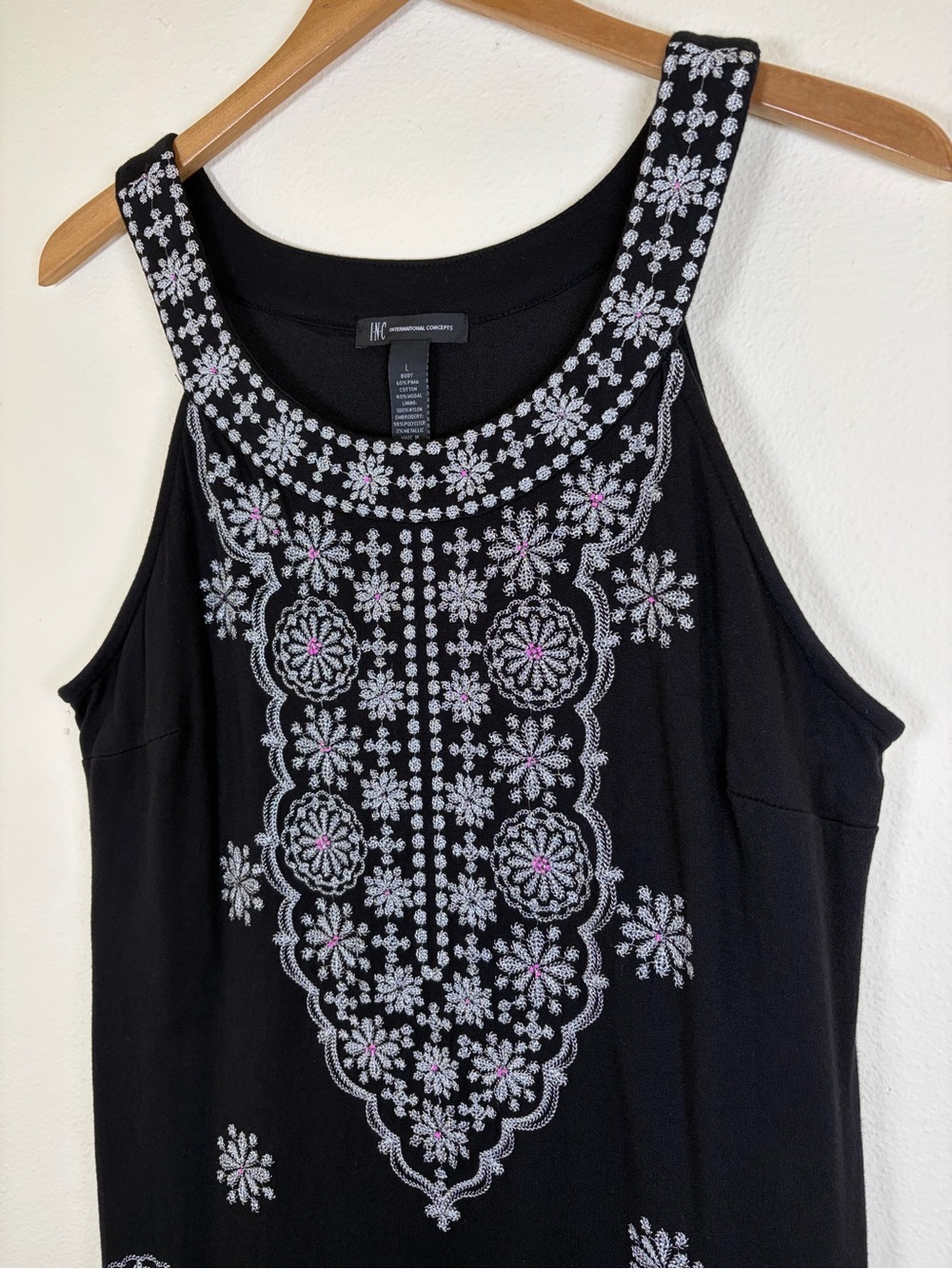 INC International Concepts Black Embroidered Sleeveless Dress Large Beaded Boho - Picture 3 of 10